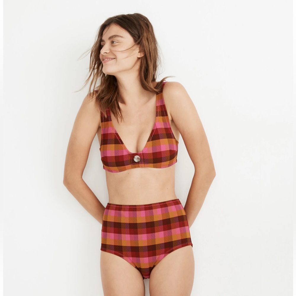 Madewell Second Wave Retro High Waisted Bikini Bottom Azalea Check Plaid Large